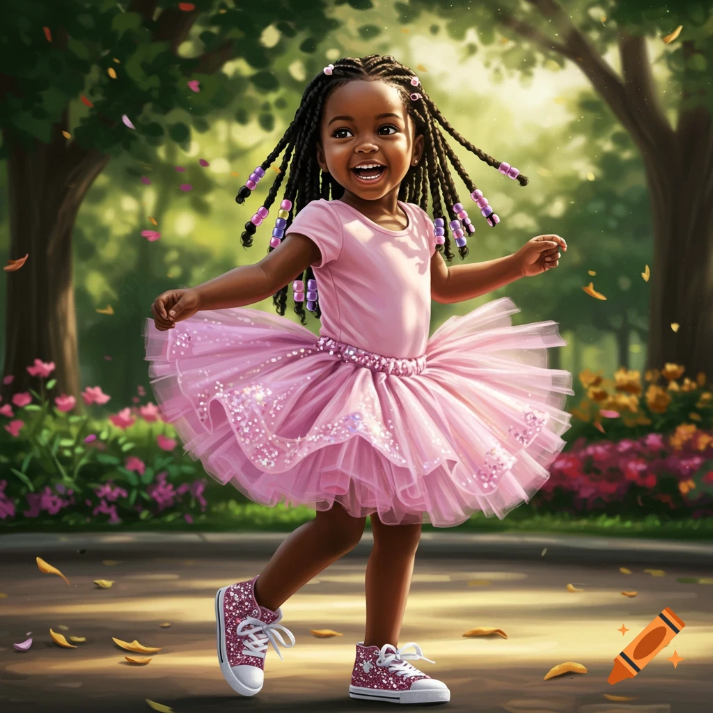 A happy African American girl in a pink sparkly tutu and sneakers dances in a sunny park.