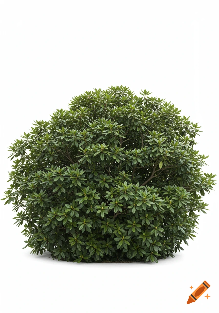 An overgrown rhododendron bush without flowers, isolated on a white background.