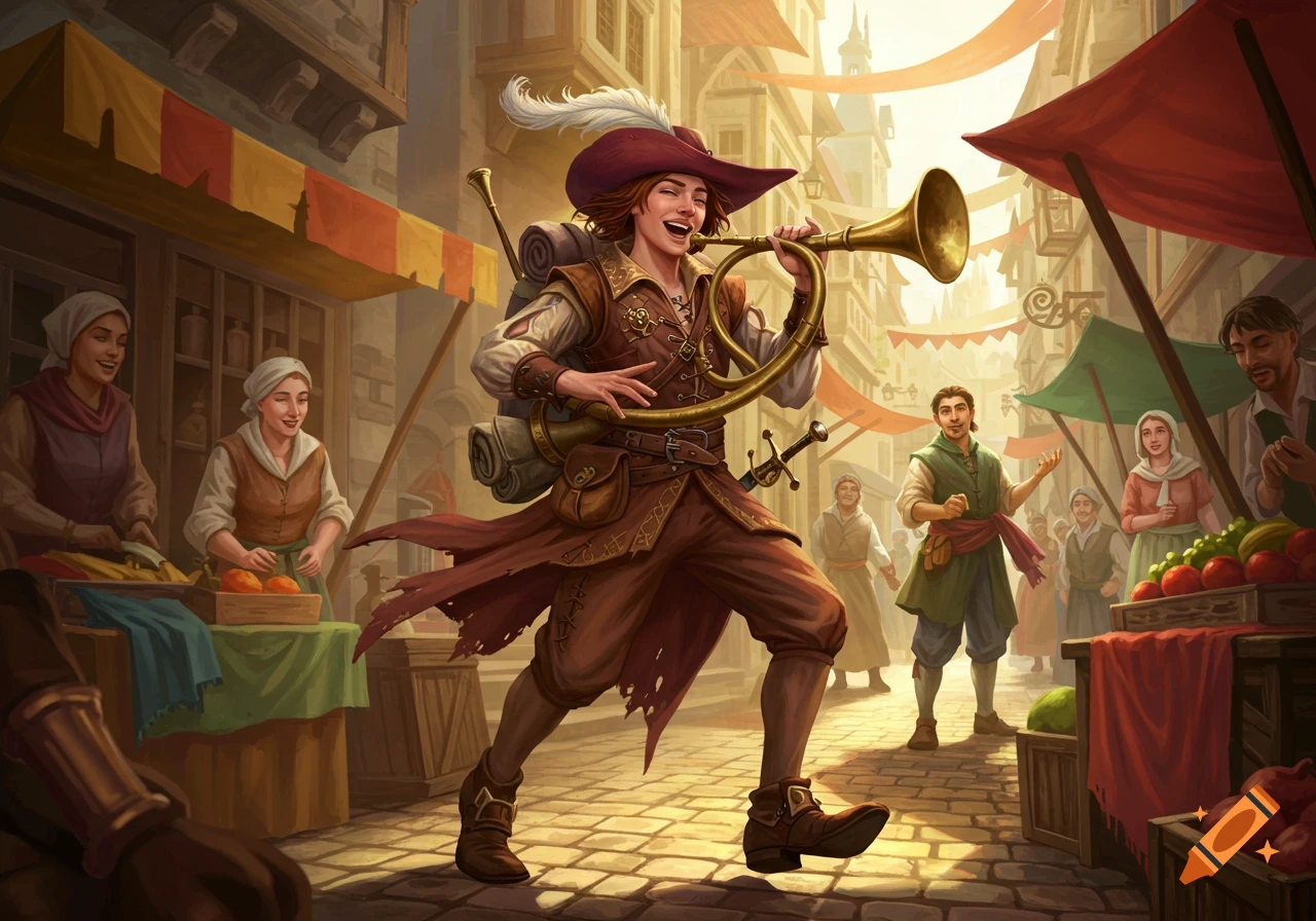 A joyous human bard plays a brass horn while walking through a bustling, sunlit medieval market street with people and stalls.
