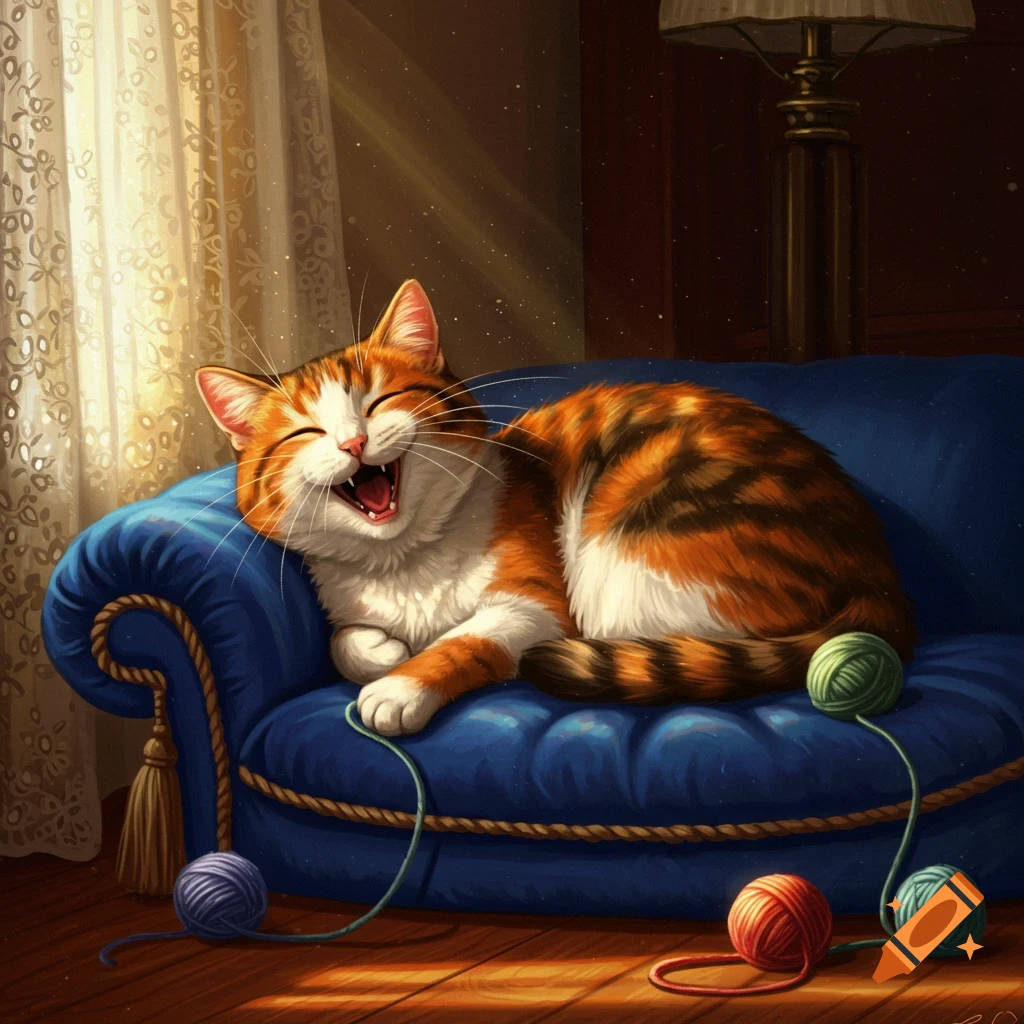 An orange and white cat lies on a blue couch, laughing with its mouth wide open, surrounded by colorful yarn in a sunny room.