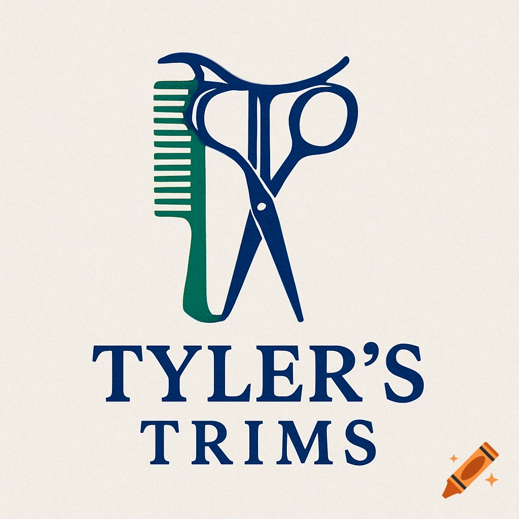 A blue and green logo for 'Tyler's Trims' featuring an abstract design of a comb and scissors.