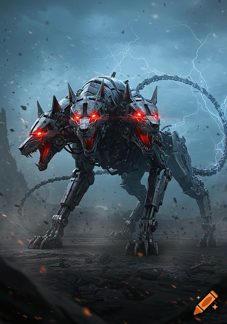 A fierce, three-headed mecha Cerberus with glowing red eyes and a whip-like tail stands amidst dust and lightning.