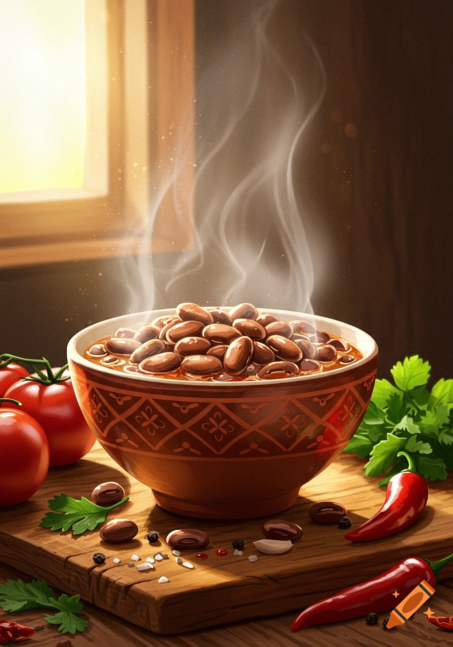 Steaming bowl of beans on a wooden board with tomatoes, chili peppers, and herbs, bathed in warm light from a window.