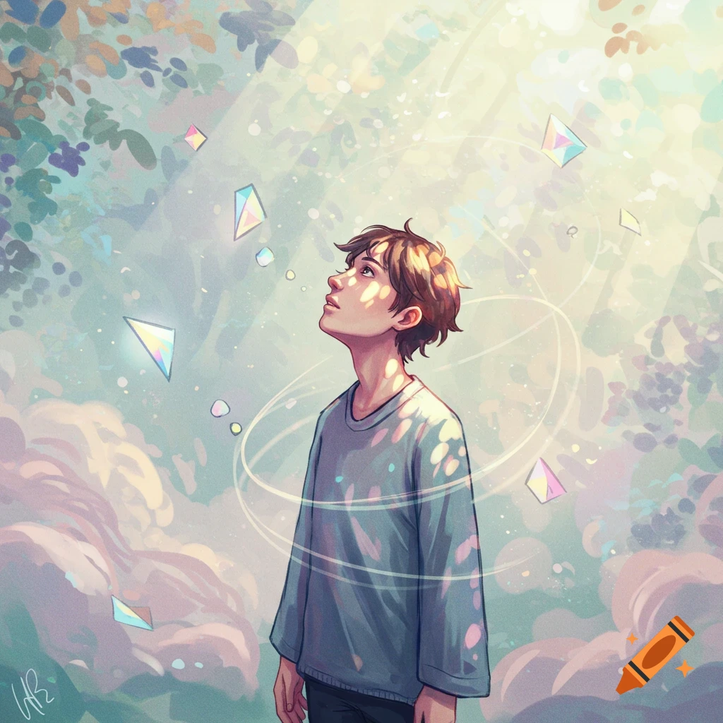 Dreamy illustration of a young person looking up at light filtering through leaves with floating geometric prisms.