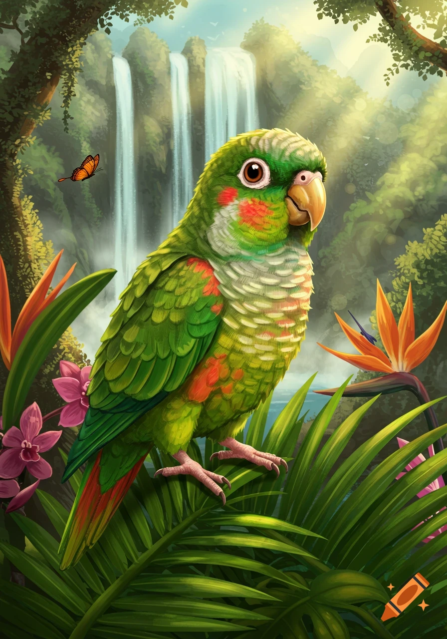 A vibrant illustration of a green cheek conure parrot in a lush jungle with waterfalls, tropical flowers, and a butterfly.