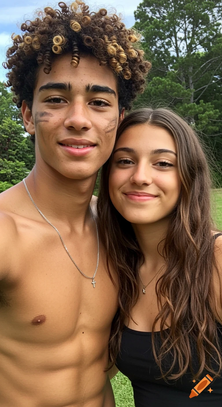 A smiling teenage boy with curly hair and a girl with long brown hair pose for a casual outdoor photo.