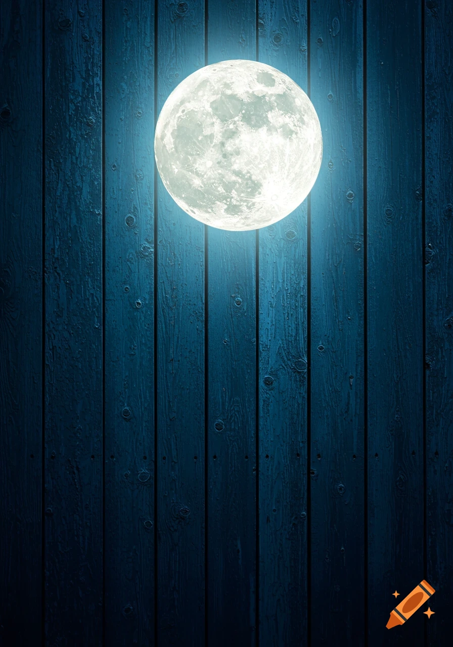A large, bright full moon illuminates deep blue vertical wooden planks.