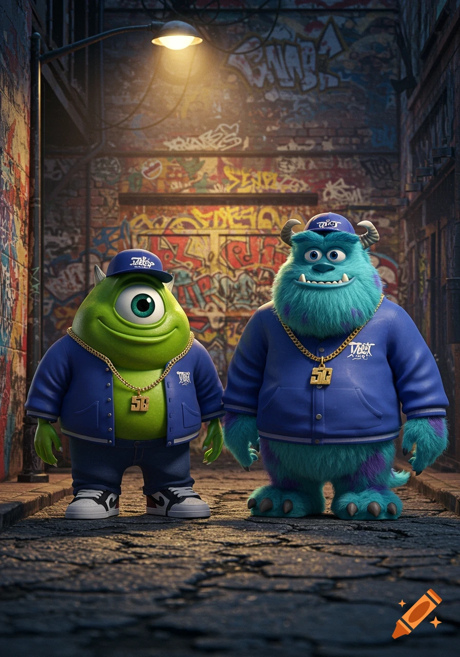 Mike Wazowski and Sulley dressed in hip-hop attire, wearing baseball caps, gold chains, and jackets, standing on a gritty urban street with colorful graffiti walls, in a photorealistic style.