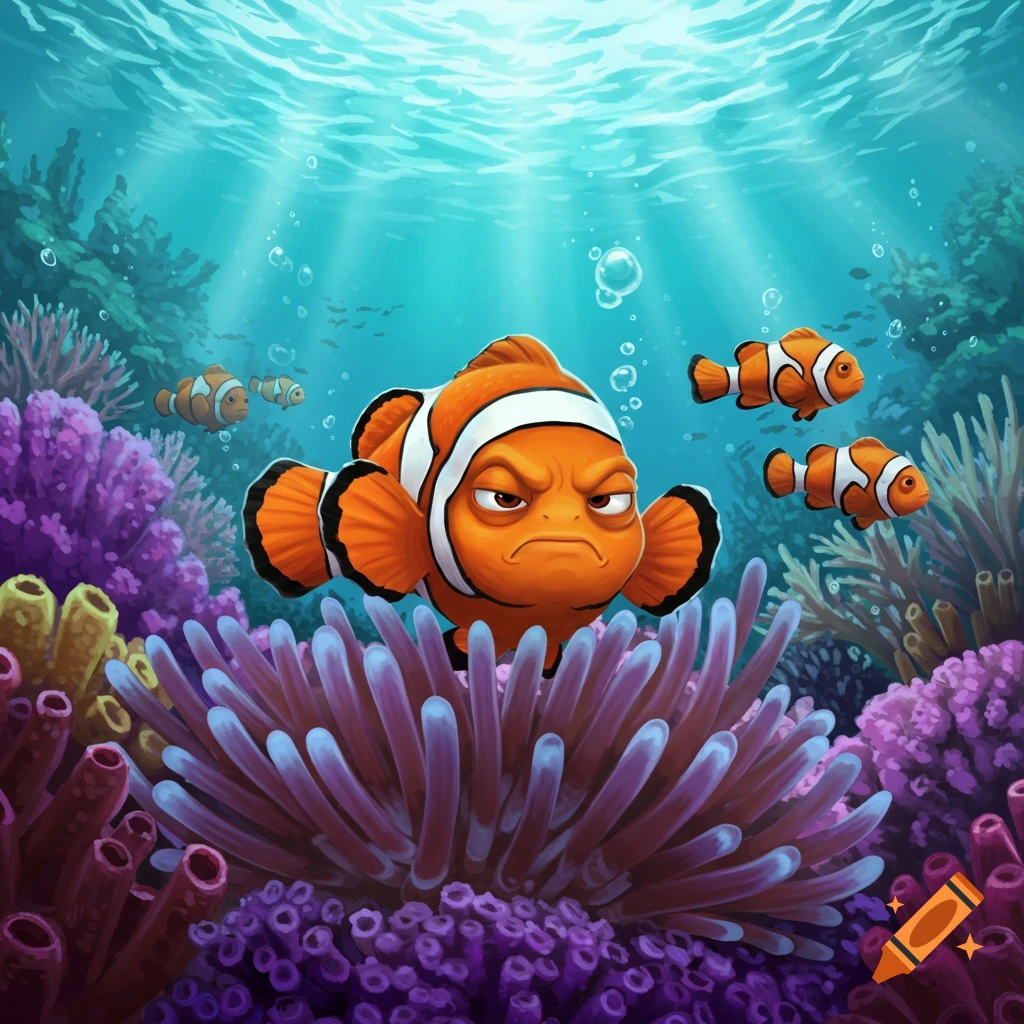 A grumpy cartoon clownfish swims among vibrant purple coral in an underwater reef with other fish.