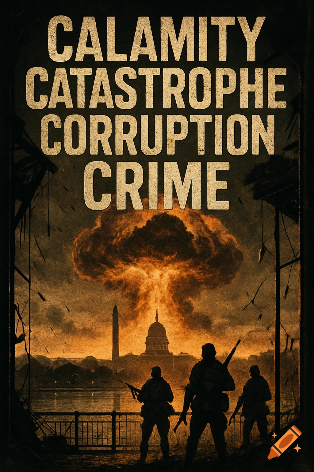 A gritty book cover showing armed figures silhouetted against a mushroom cloud over the Washington D.C. skyline, with the title "Calamity Catastrophe Corruption Crime."