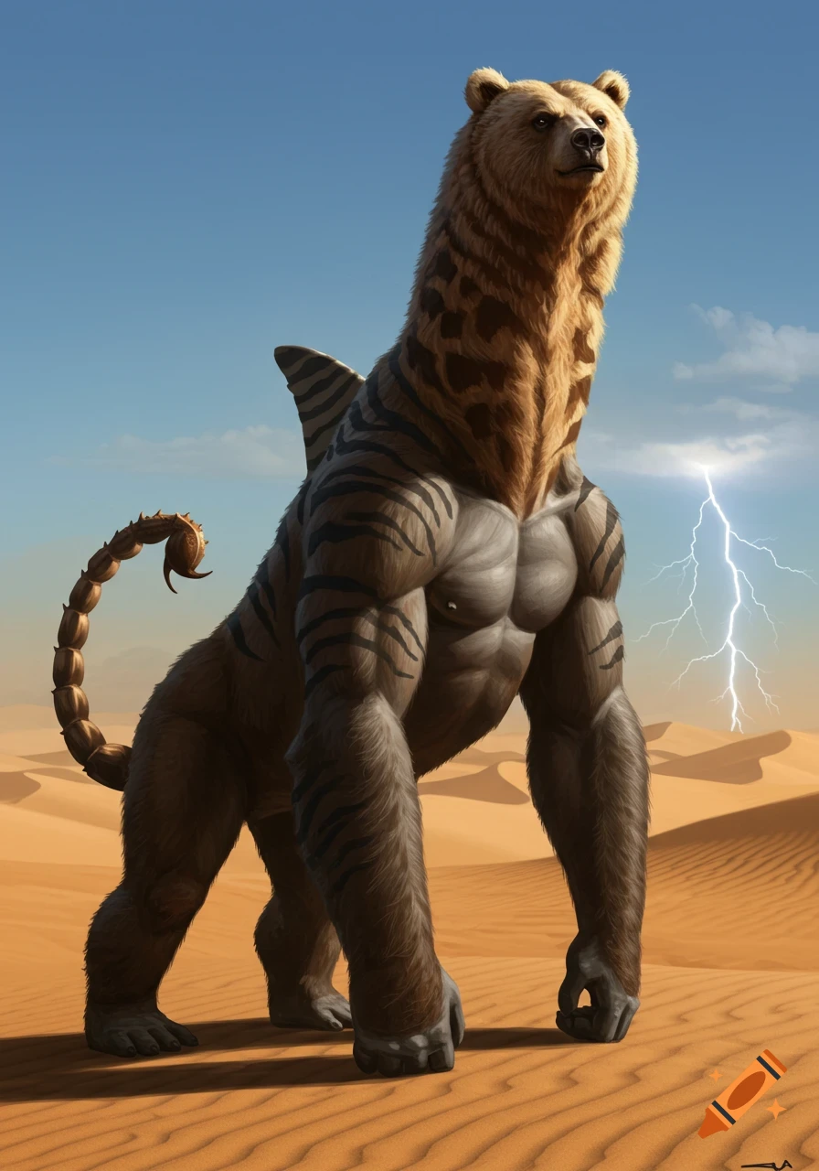 A muscular hybrid creature with a bear head, giraffe neck, shark fin, tiger stripes, gorilla arms, and scorpion tail in a desert.