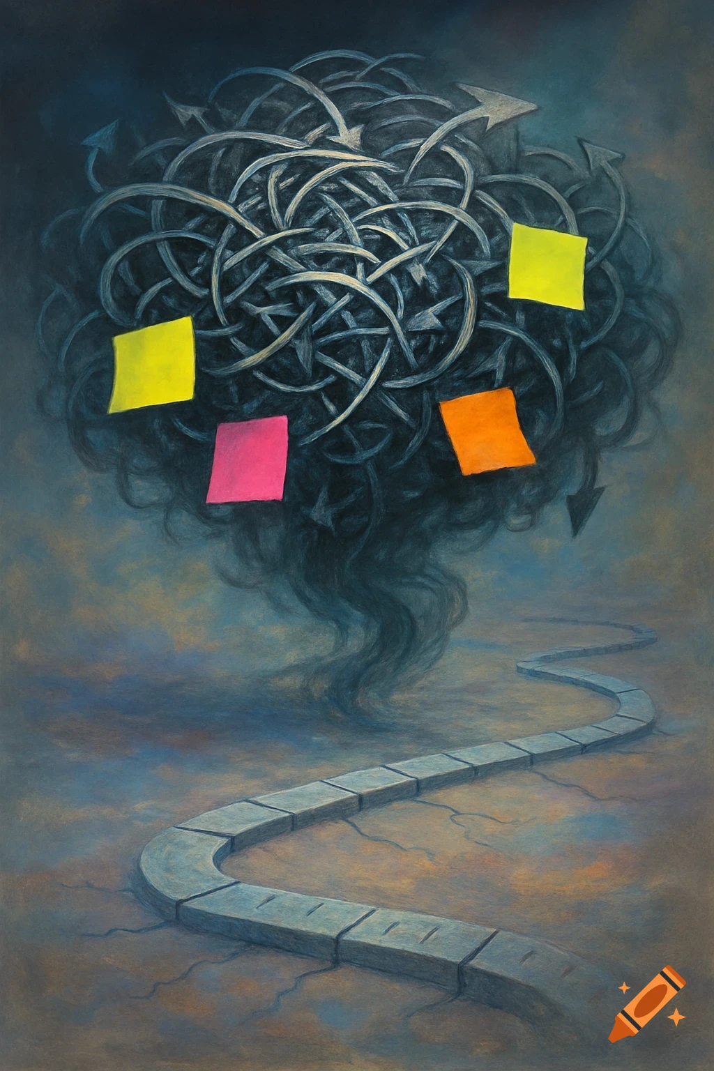 A dark, tangled cloud of arrows with four colorful sticky notes above a winding path on cracked ground in a surreal, illustrative style.