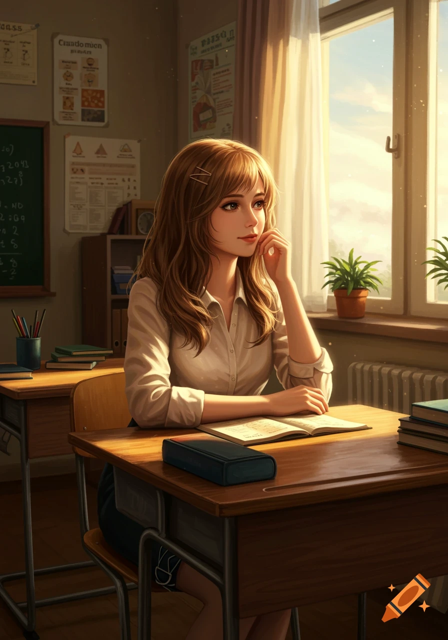 An anime-style girl teacher with long brown hair sits at a desk in a sunlit classroom, looking thoughtfully towards the window.