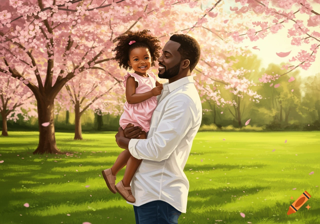 A Black father holds his smiling daughter under blooming cherry blossom trees in a vibrant park, illustrated.