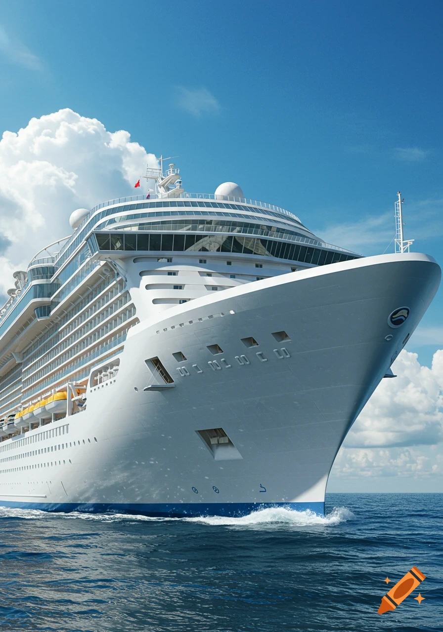 A massive white cruise ship sails across a blue ocean under a clear sky with scattered clouds.