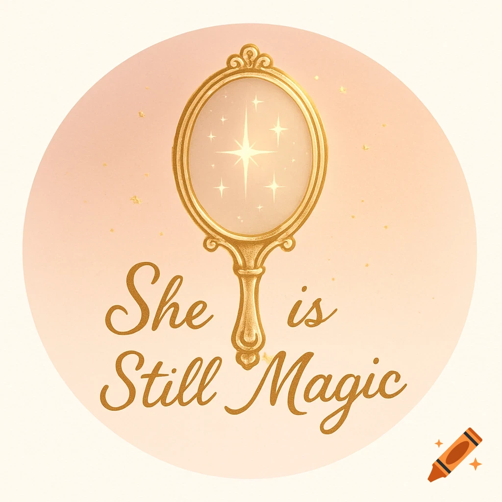 Circular logo with a golden vintage hand mirror, sparkles, and 'She is Still Magic' text on a blush pink background with gold accents.