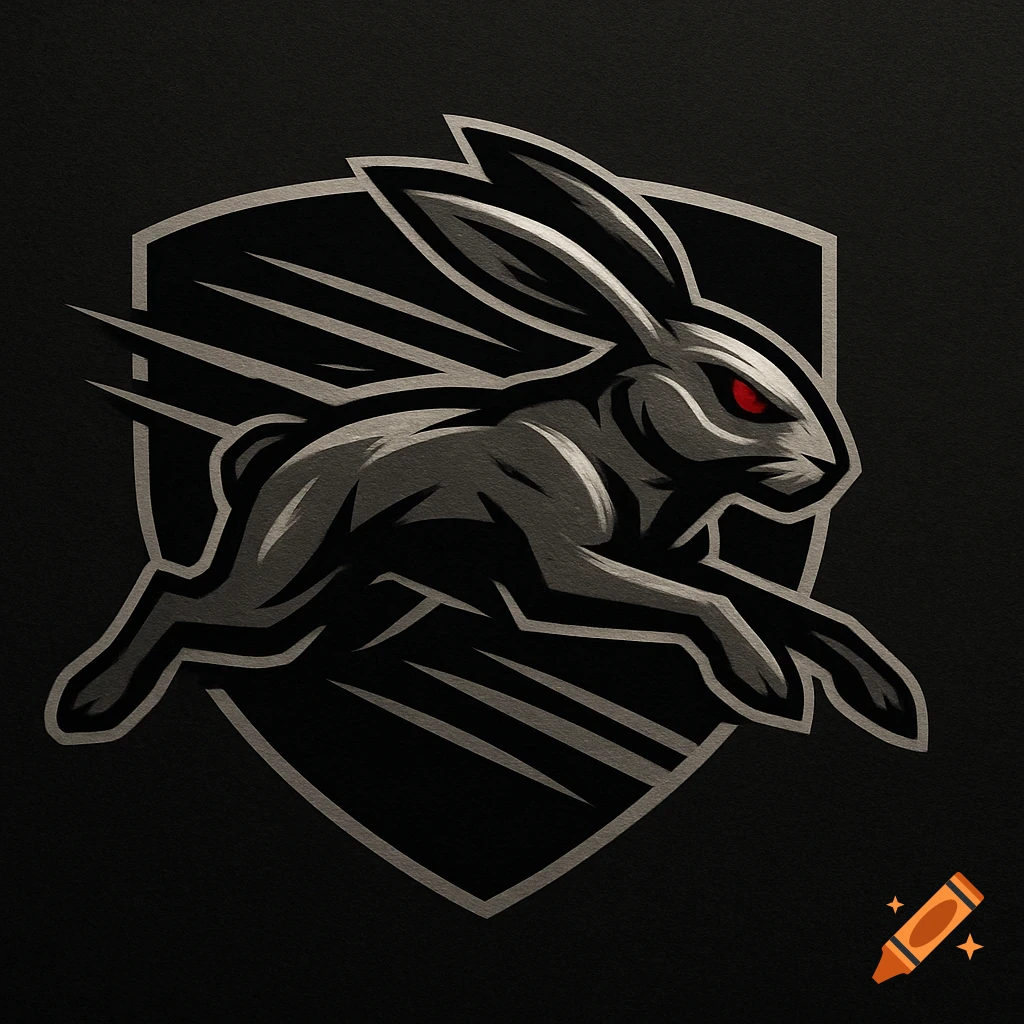 Stylized dark grey rabbit with red eyes running inside a shield emblem.