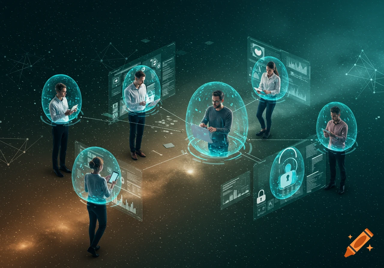 People in glowing spheres interact with holographic screens displaying data and security icons, symbolizing remote work and digital security.