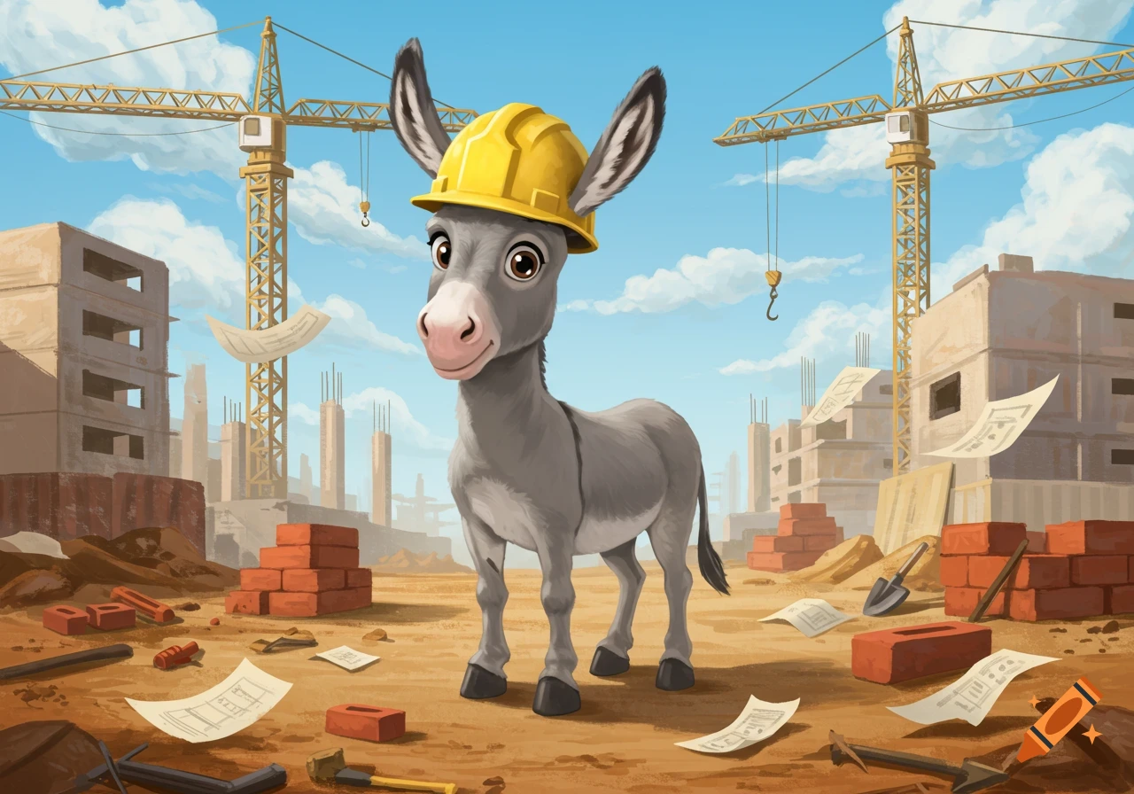 A cartoon donkey with a yellow hard hat stands on a dusty construction site with cranes, buildings, and bricks under a blue sky.