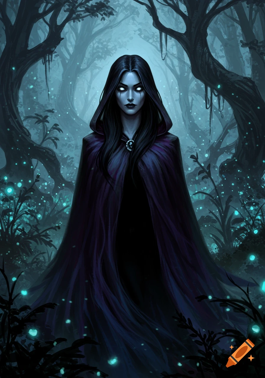 A mysterious woman in a dark hooded cloak with glowing white eyes stands in a mystical, dark forest with glowing blue lights.