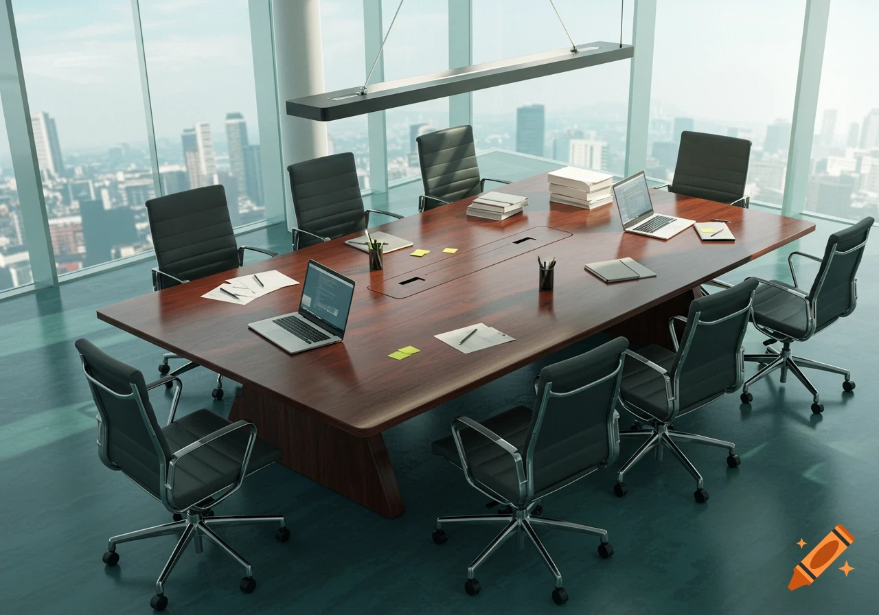 A modern conference room with a large wooden table, black office chairs, laptops, and a cityscape view outside large windows.