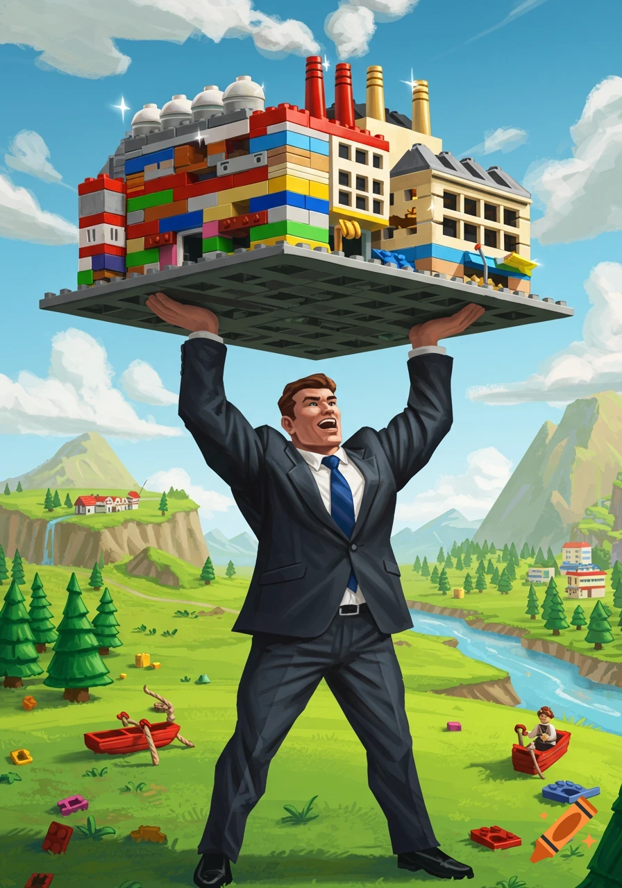 A strong businessman in a suit lifts a large, colorful Lego factory building above his head, standing in a vibrant, green landscape with Lego elements.