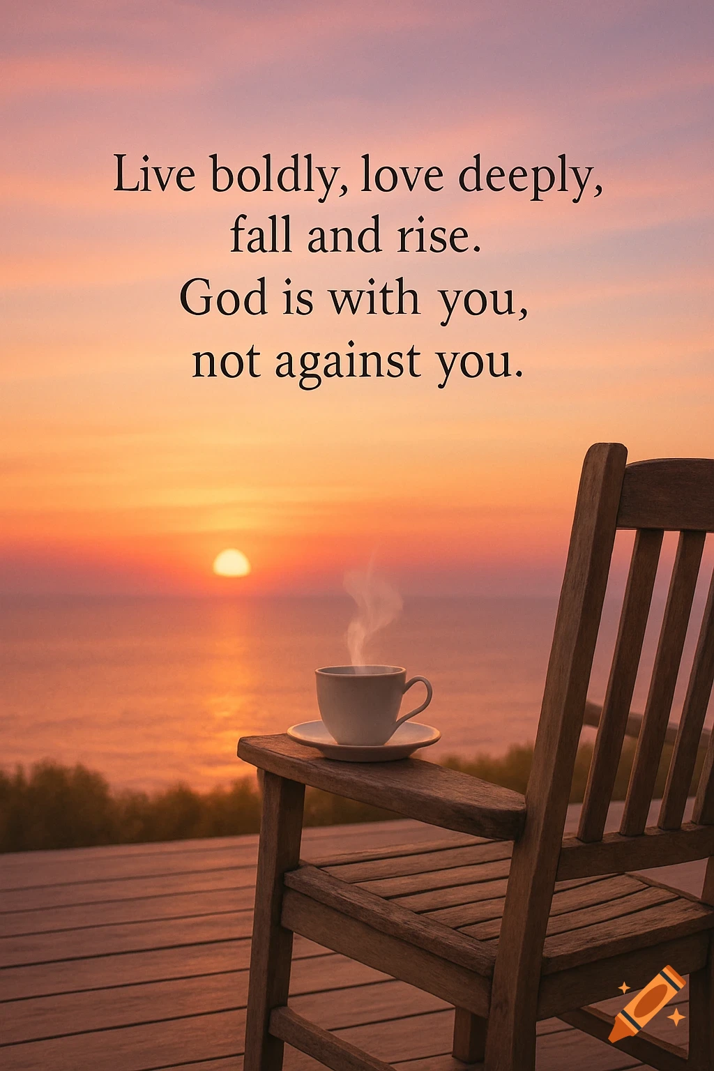 A steaming cup of tea on a wooden chair on a deck overlooking a vibrant sunset over the ocean, with a motivational quote.