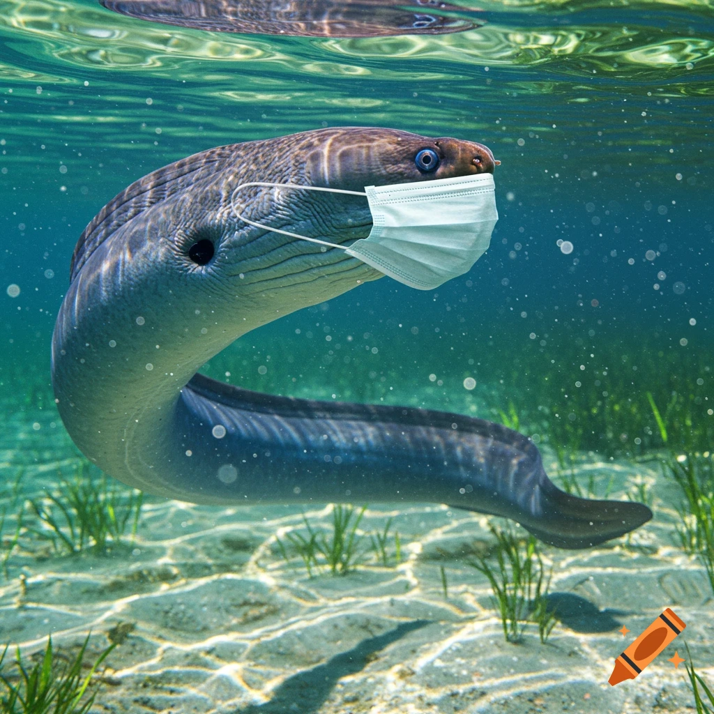 A photorealistic image of a moray eel wearing a surgical mask, swimming underwater over a sandy seabed with sea grass.