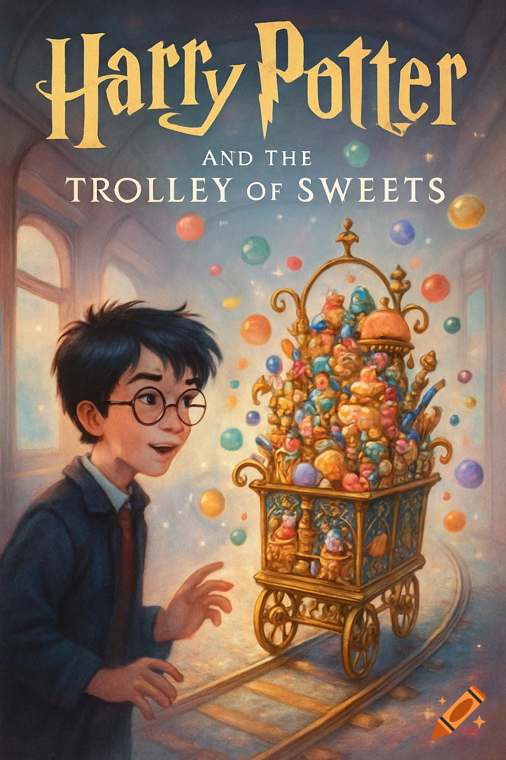 Illustration of Harry Potter looking at a golden trolley overflowing with colorful sweets inside a train carriage, styled as a book cover.