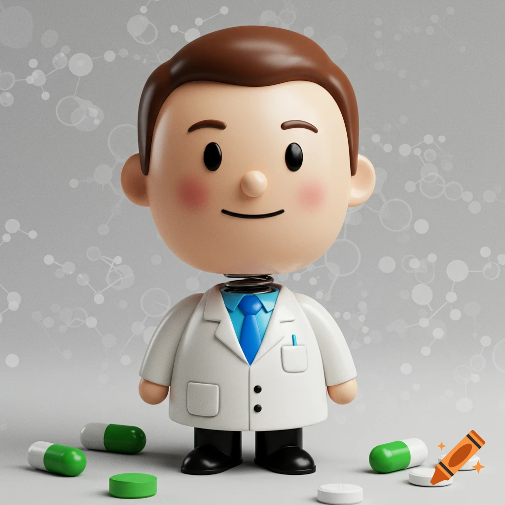 A stylized 3D rendered bobblehead doctor figure stands among pills against a molecular background.