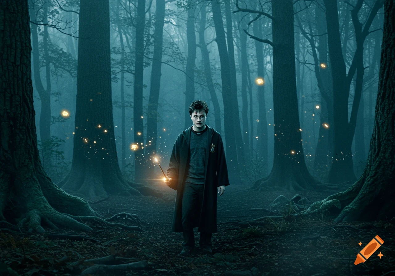 Harry Potter stands in a dark, misty forest, holding a glowing wand with sparks.