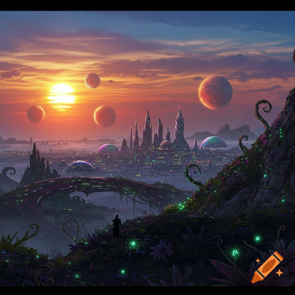 A futuristic city with towering spires and glowing domes on an alien planet at sunset, with multiple moons in the sky, viewed from a glowing hilltop.