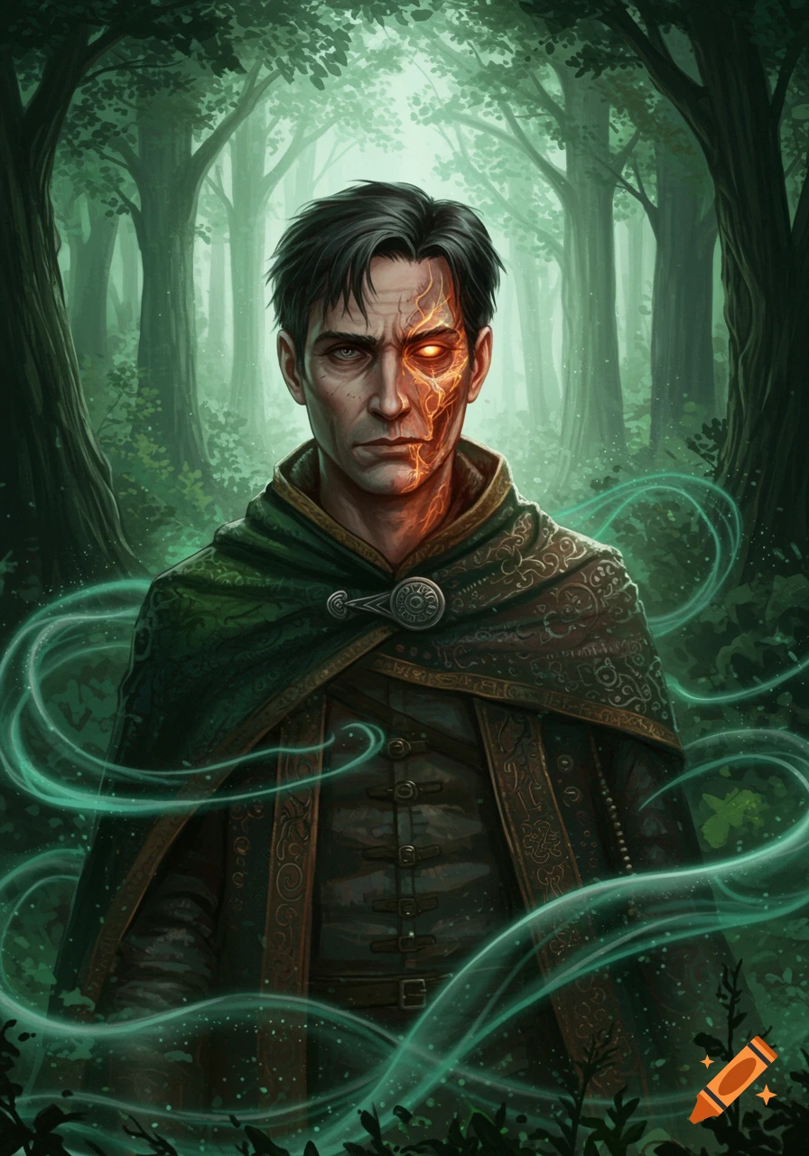 A fantasy man with dark hair and half his face glowing with orange energy, wearing a green cloak, stands in a dark forest with teal magical wisps.