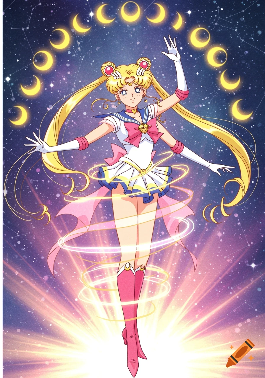 A vibrant anime illustration of Sailor Moon in her white, blue, and pink sailor uniform, arms outstretched, glowing against a starry, purple galaxy background with crescent moons.