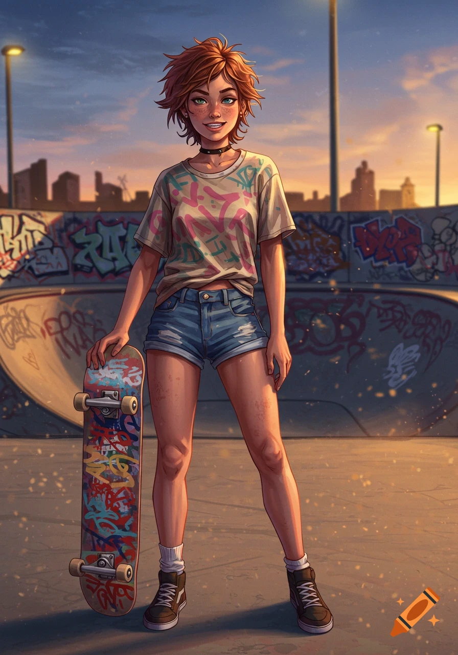 Full-body digital illustration of a smiling young woman with short red hair and a skateboard at a graffiti-covered skate park at sunset.