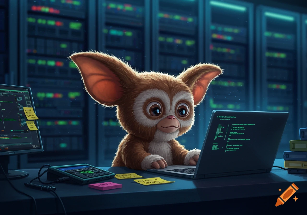 A cute cartoon mogwai sits at a desk with a laptop and computer monitors in a server room.