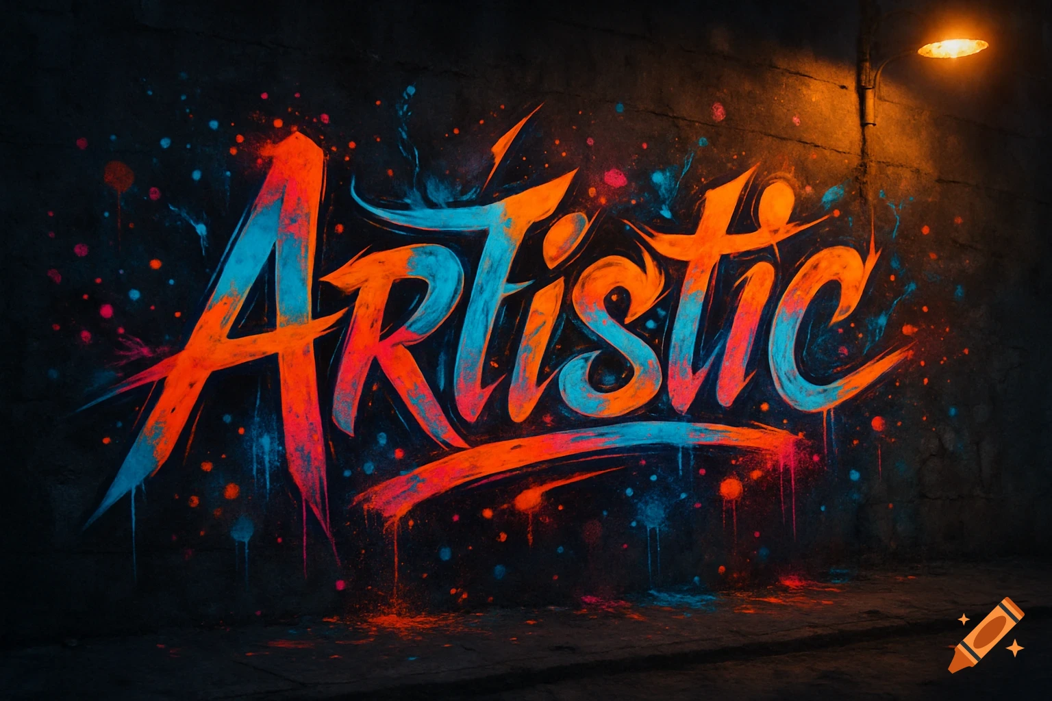 Graffiti art of the word 'Artistic' in blue and orange on a dark wall with paint splatters, lit by a street lamp.