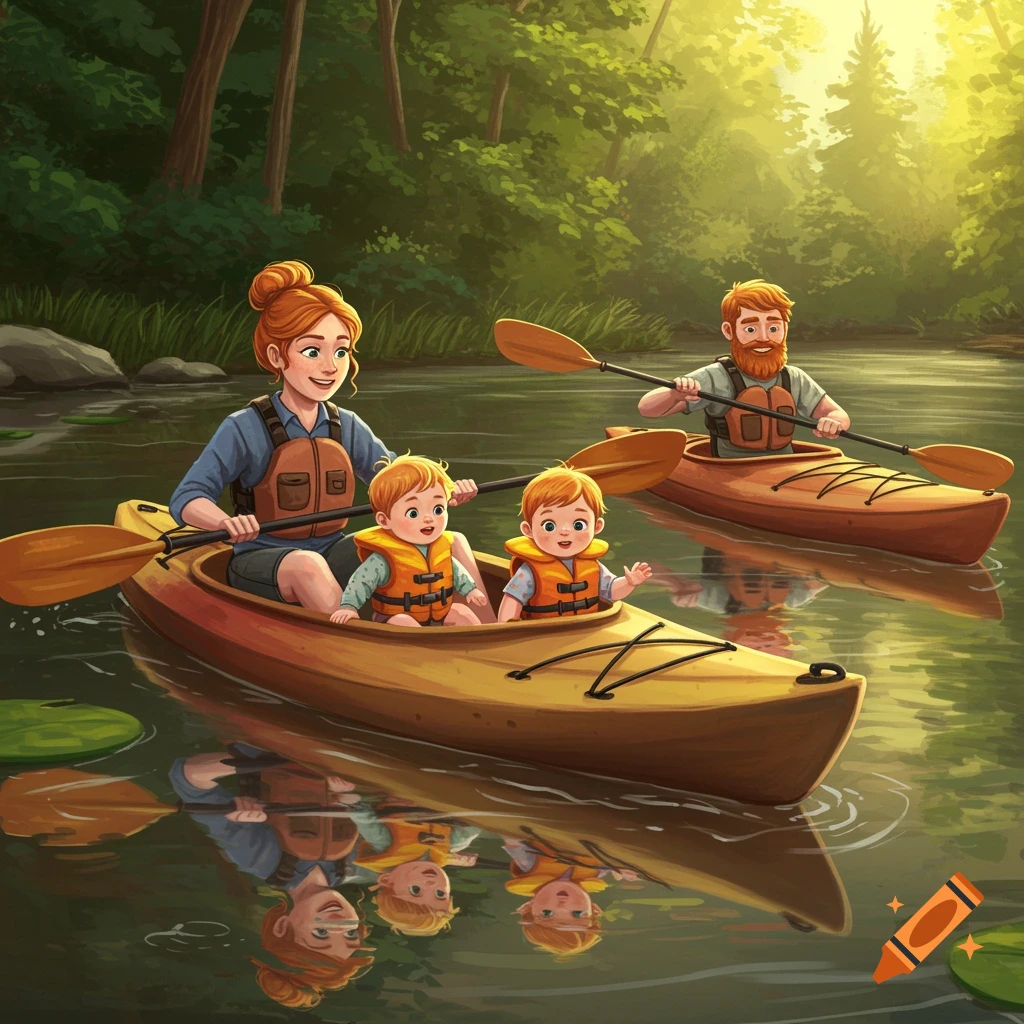 A family, including a woman and two babies in one kayak and a man in another, paddles on a calm river surrounded by trees in an illustration.