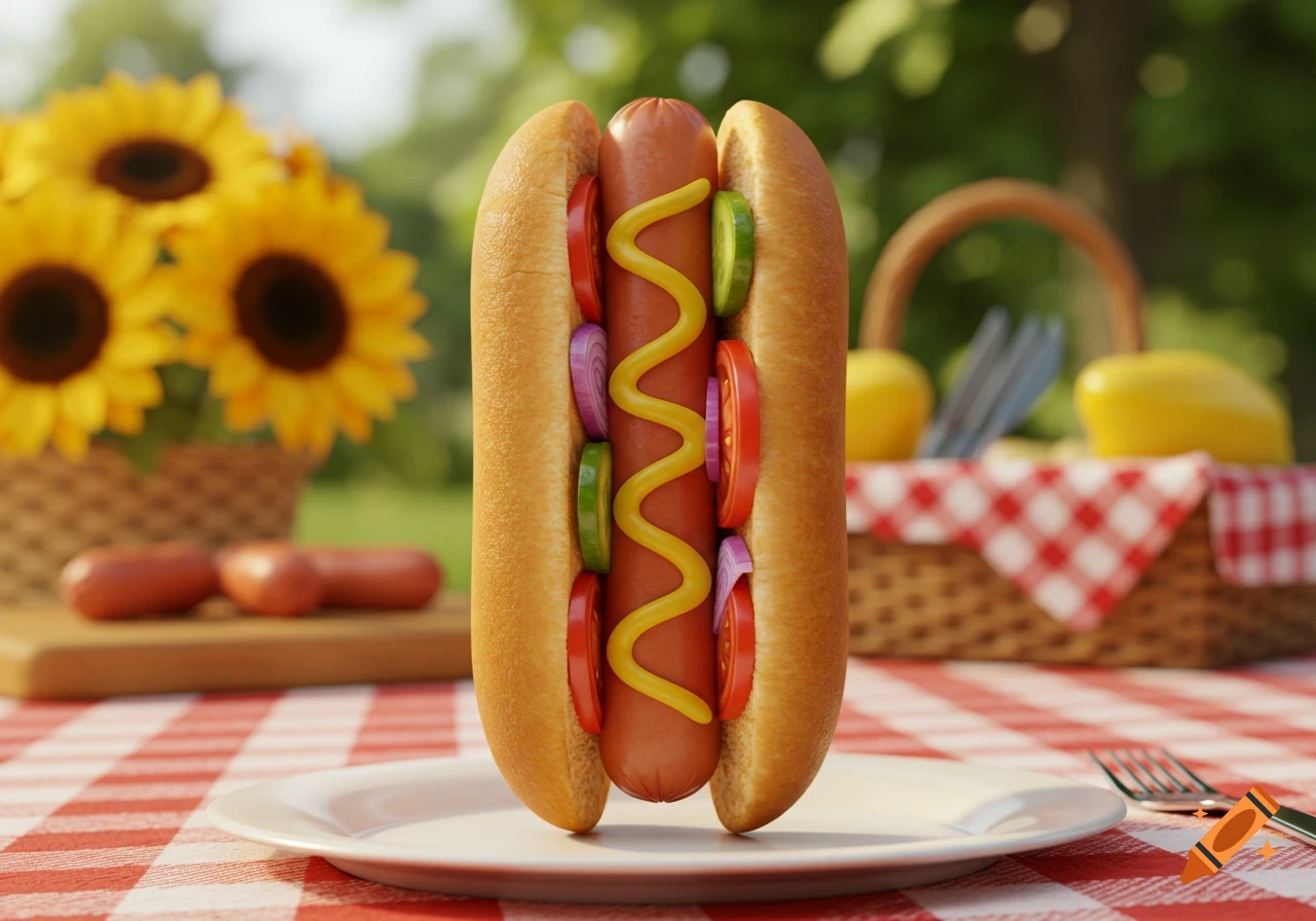 A hot dog with mustard, cucumber, onion, and tomato slices on a white plate on a red and white checkered tablecloth, with sunflowers and a picnic basket in the background.
