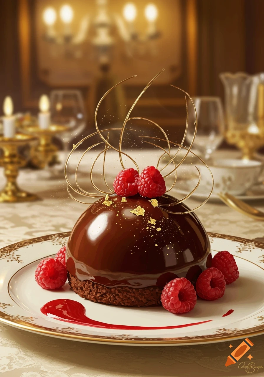 Photorealistic chocolate dome dessert with raspberries, gold flakes, and gold spirals on a plate with red sauce in an elegant setting.