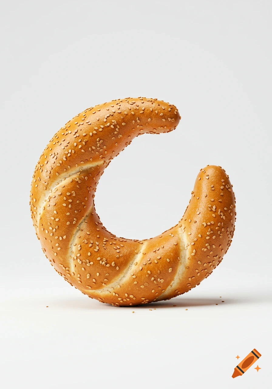 A golden brown, sesame-seeded bread roll shaped like a crescent or letter C on a white background.