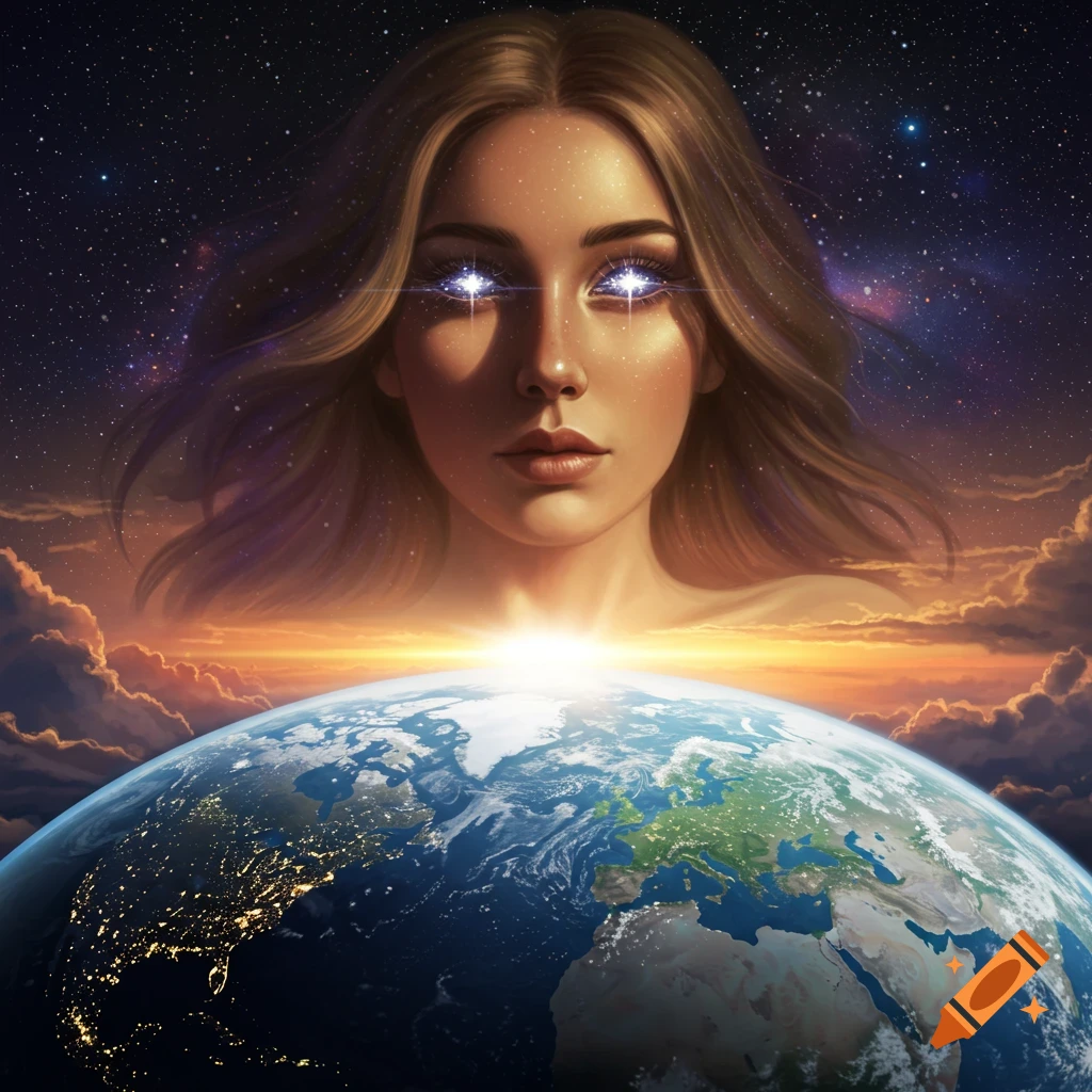 A giant woman with glowing eyes looks over planet Earth, bathed in a celestial light under a starry sky.