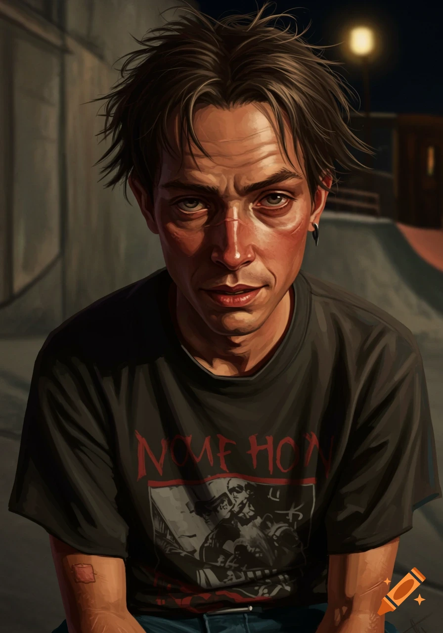 A close-up digital painting of a young man with unkempt hair and scars, wearing a black t-shirt with an illegible band logo.