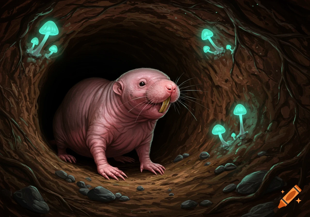 A naked mole rat with large teeth stands in a dark, earthy burrow lit by glowing blue mushrooms.