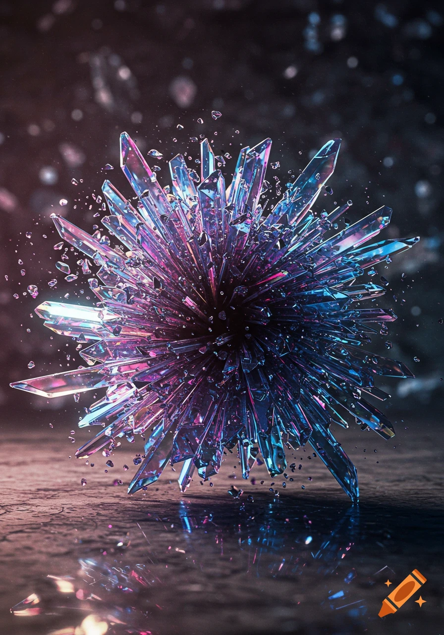 A vibrant, abstract cluster of shattered glass or crystal shards in purple and blue, reflecting light on a dark, textured surface.