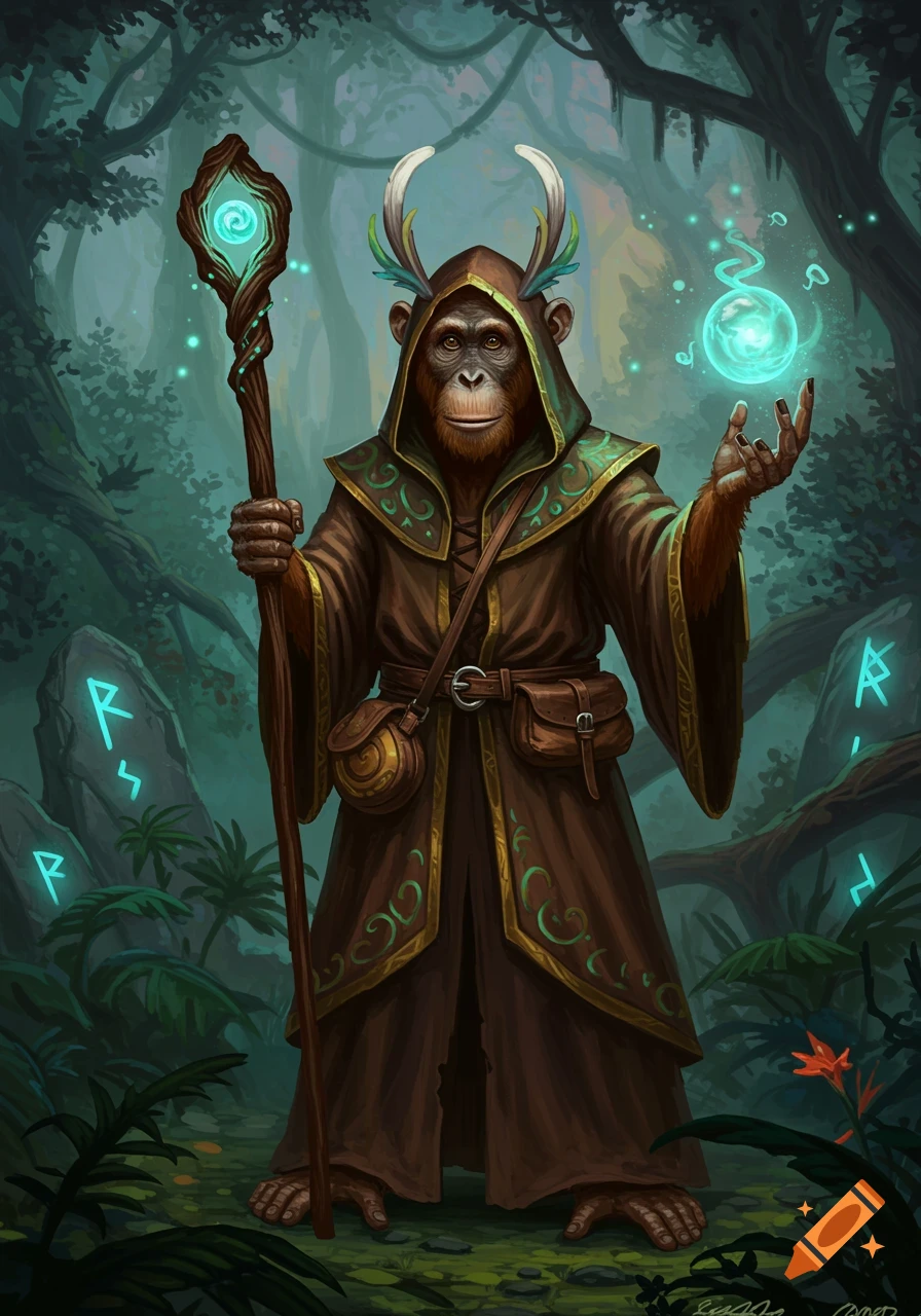 An orangutan wizard in a brown robe holding a glowing staff and magic orb in a mystical jungle.