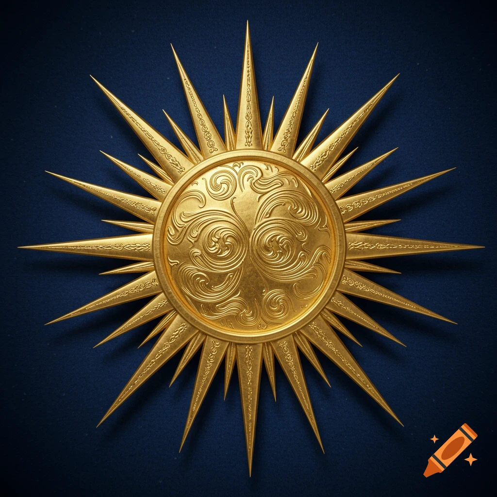 A golden sun medallion with intricate swirling patterns on its face and rays, set against a dark blue background.
