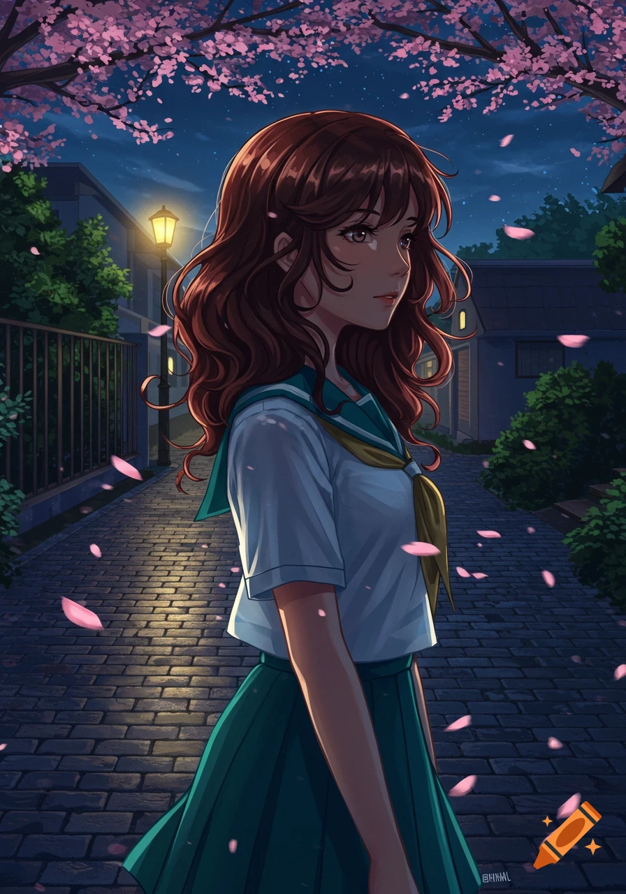 An anime-style illustration of a brown-haired girl in a school uniform walking down a cobblestone path at night, illuminated by a streetlamp and falling pink cherry blossom petals.