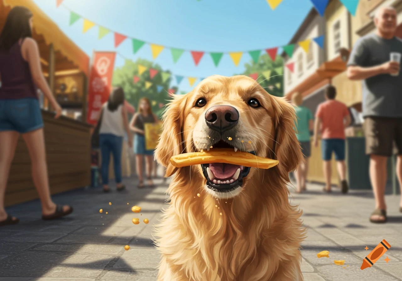 A close-up of a happy golden retriever dog with a french fry in its mouth, set against a blurred background of a sunny outdoor market.