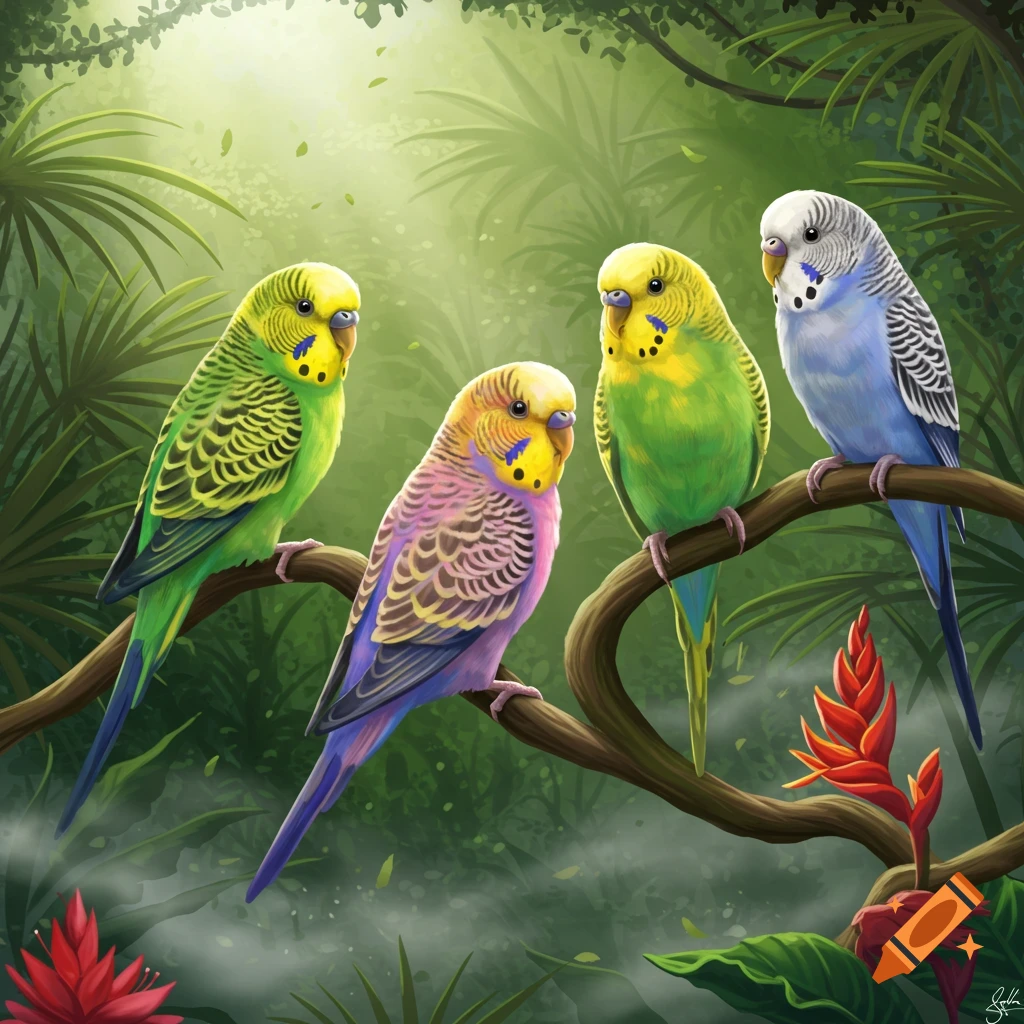 Four colorful budgerigars perch on a branch in a vibrant, lush jungle setting, with sunlight filtering through the trees.